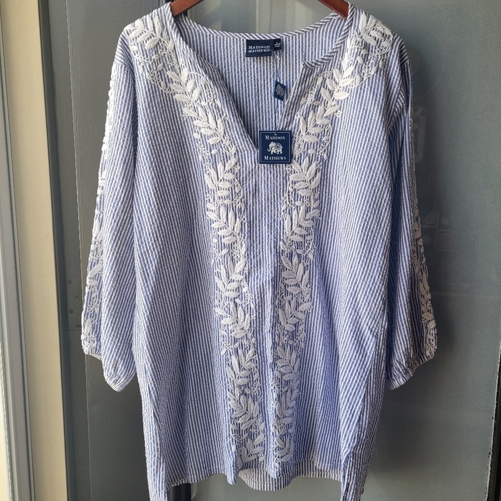 MADISON MATHEWS Blue White Striped Embroidered Tunic L Cotton 3/4 Sleeves NEW - Picture 2 of 12